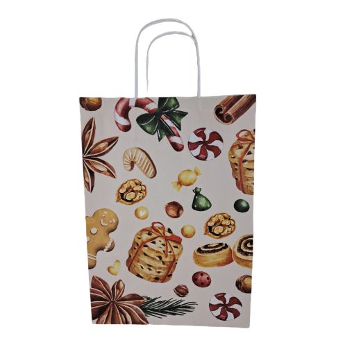 Papírtáska sodrottfüles 22x31+10 cm fehér - mézeskalács mintás