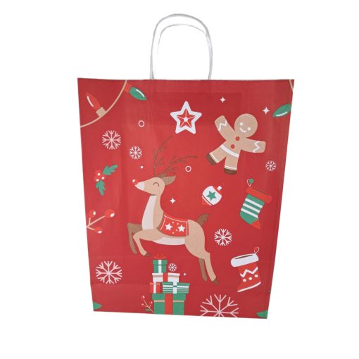 Papírtáska sodrottfüles 32x41+12 cm  piros - rénszarvas mintás